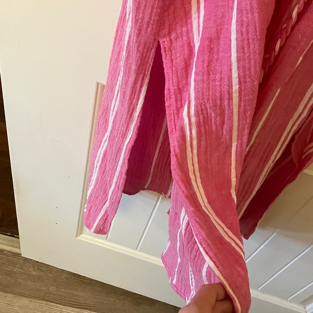 Pink white stripe cotton gauze midi maxi dress XS pockets removable belt - Picture 7 of 11